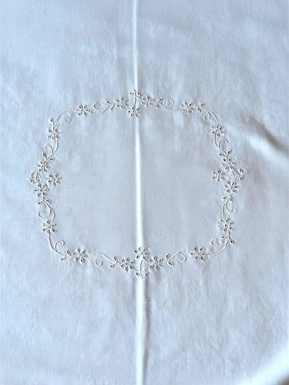 Vintage Off-White Linen Table Topper 30x33 Hand Embroidered Cutwork Lace